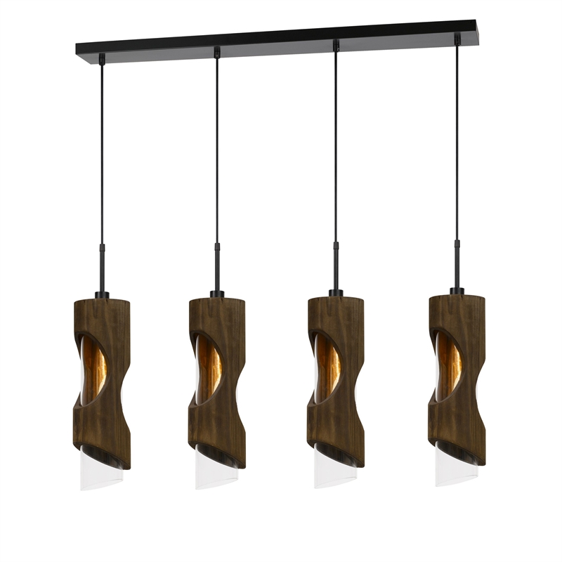Benjara 4 Light Metal Frame Pendant Fixture with Wooden and Glass Shades- Brown