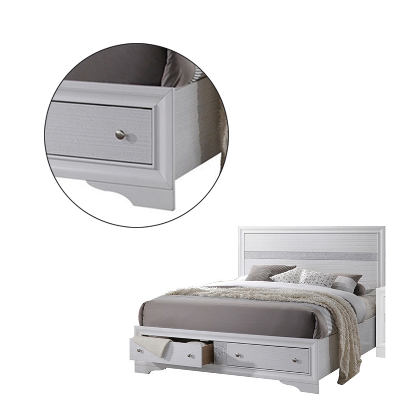 Benjara 2 Drawer Wooden Eastern King Size Bed with Panel Headboard- White