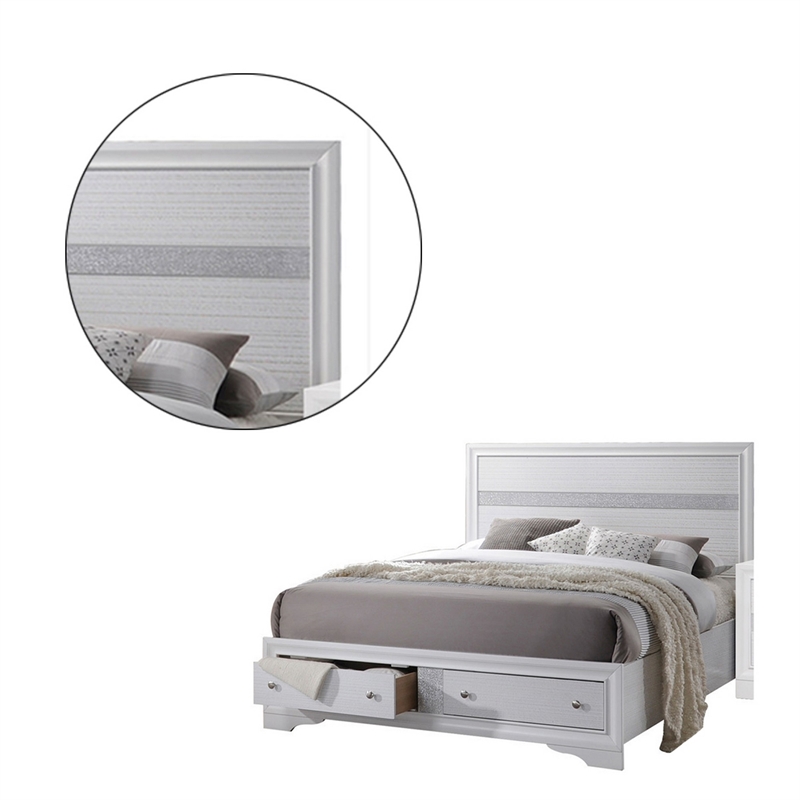Benjara 2 Drawer Wooden Eastern King Size Bed with Panel Headboard- White