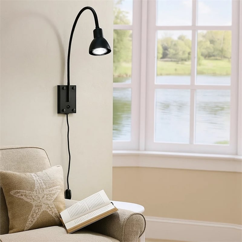 Benjara Metal Round Wall Reading Lamp with Plug In Switch- Black