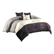 Benjara 7 Piece King Polyester Comforter Set with Leaf Embroidery- Gray & Purple