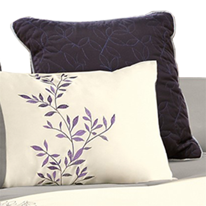 Benjara 7 Piece King Polyester Comforter Set with Leaf Embroidery- Gray & Purple