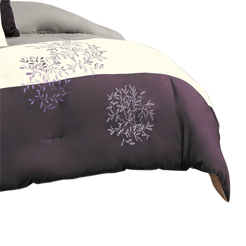 Benjara 7 Piece King Polyester Comforter Set with Leaf Embroidery- Gray & Purple