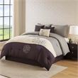 Benjara 7 Piece King Polyester Comforter Set with Leaf Embroidery- Gray & Purple