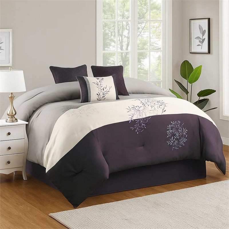 Benjara 7 Piece King Polyester Comforter Set with Leaf Embroidery- Gray & Purple