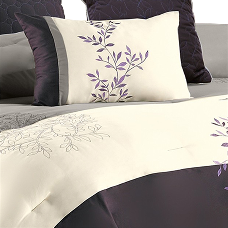 Benjara 7 Piece King Polyester Comforter Set with Leaf Embroidery- Gray & Purple