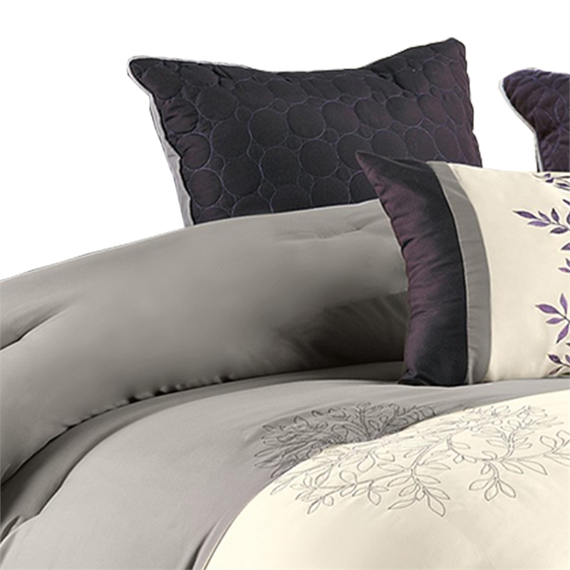 Benjara 7 Piece King Polyester Comforter Set with Leaf Embroidery- Gray & Purple
