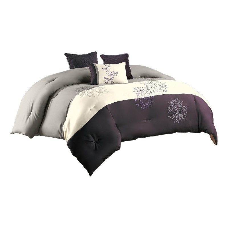 Benjara 7 Piece Queen Comforter Set with Leaf Embroidery- Gray & Purple