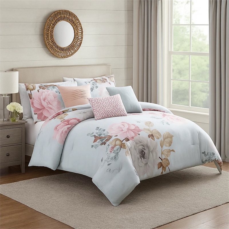 Benjara King Size 7 Piece Fabric Comforter Set with Floral Prints- Multicolor