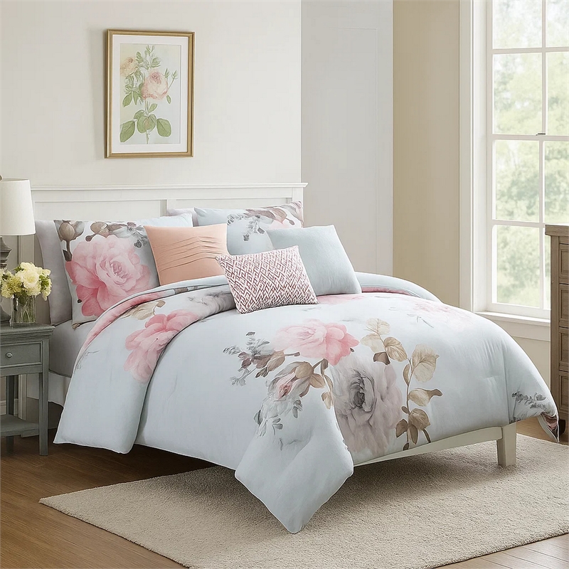Benjara King Size 7 Piece Fabric Comforter Set with Floral Prints- Multicolor