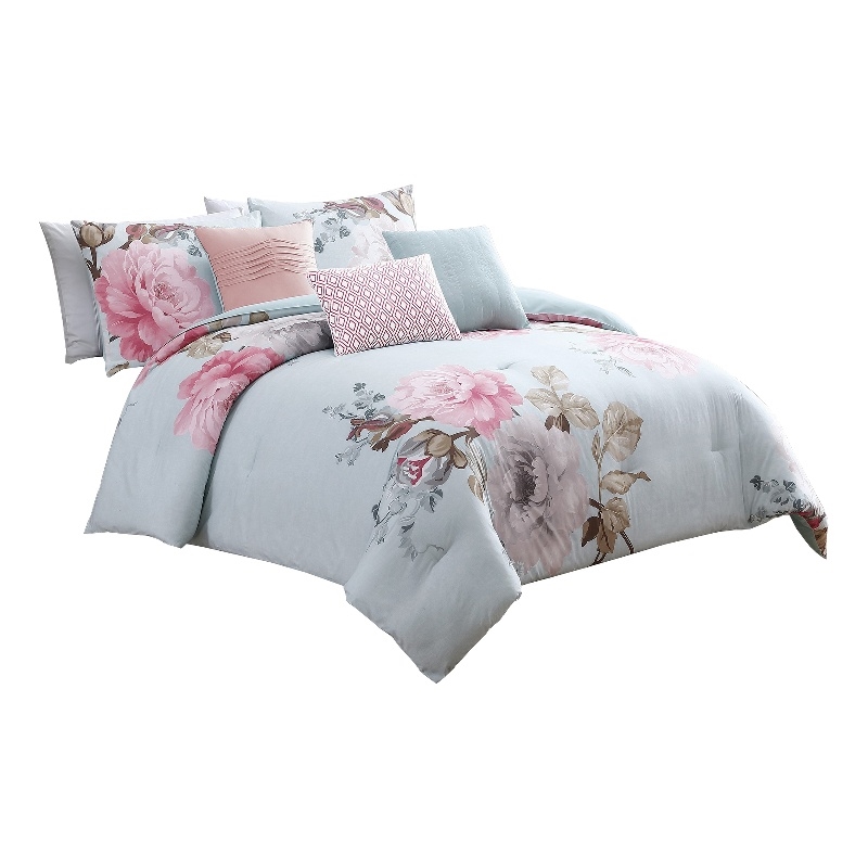 Benjara King Size 7 Piece Fabric Comforter Set with Floral Prints- Multicolor