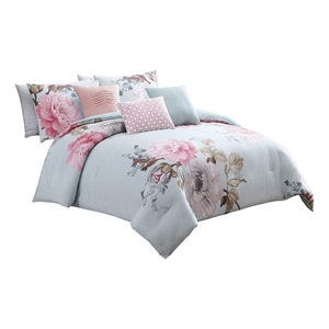 Benjara King Size 7 Piece Fabric Comforter Set with Floral Prints- Multicolor