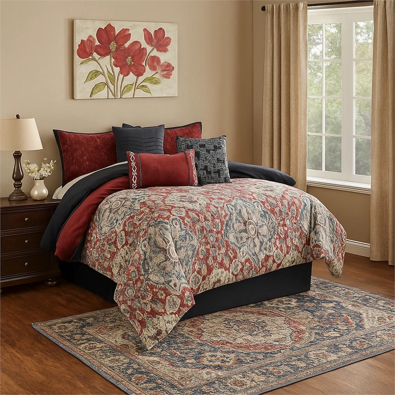 Benjara 9 Piece Queen Size Comforter Set with Medallion Print- Red and Blue