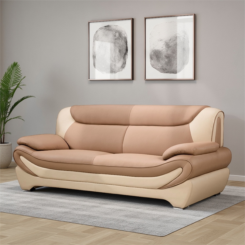Benjara Faux Leather Upholstered Sofa with Pillow Top Armrest- Beige and Brown