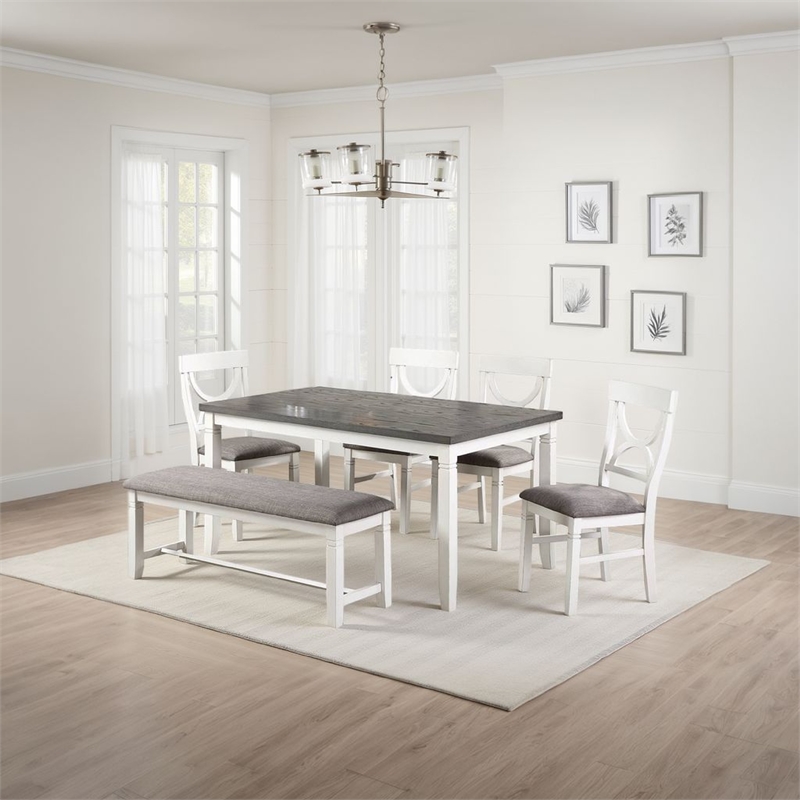 Benjara 6 Piece Dining Set with Cut Out Back Chairs & Padded Bench- White & Gray