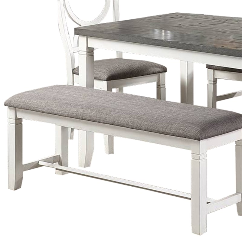 Benjara 6 Piece Dining Set with Cut Out Back Chairs & Padded Bench- White & Gray