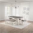Benjara 6 Piece Dining Set with Cut Out Back Chairs & Padded Bench- White & Gray