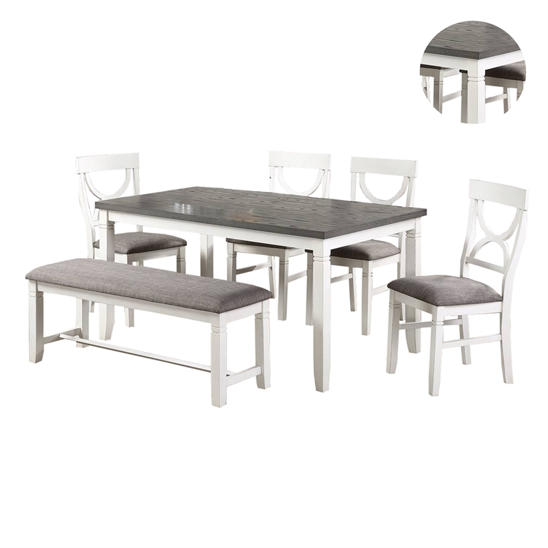 Benjara 6 Piece Dining Set with Cut Out Back Chairs & Padded Bench- White & Gray