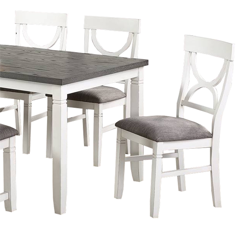 Benjara 6 Piece Dining Set with Cut Out Back Chairs & Padded Bench- White & Gray
