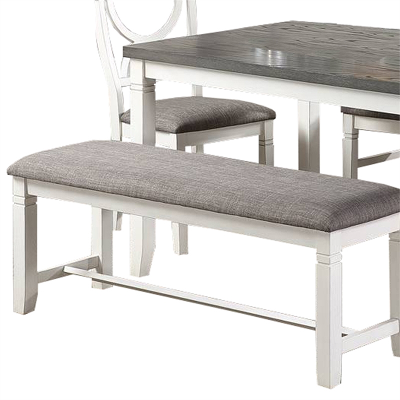 Benjara 6 Piece Dining Set with Cut Out Back Chairs & Padded Bench- White & Gray