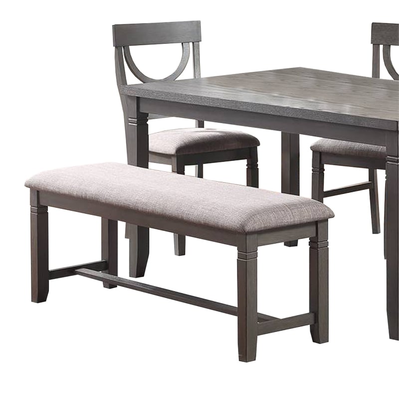 Benjara 6 Piece Wooden Dining Set with Cut Out Back Chairs & Padded Bench- Gray