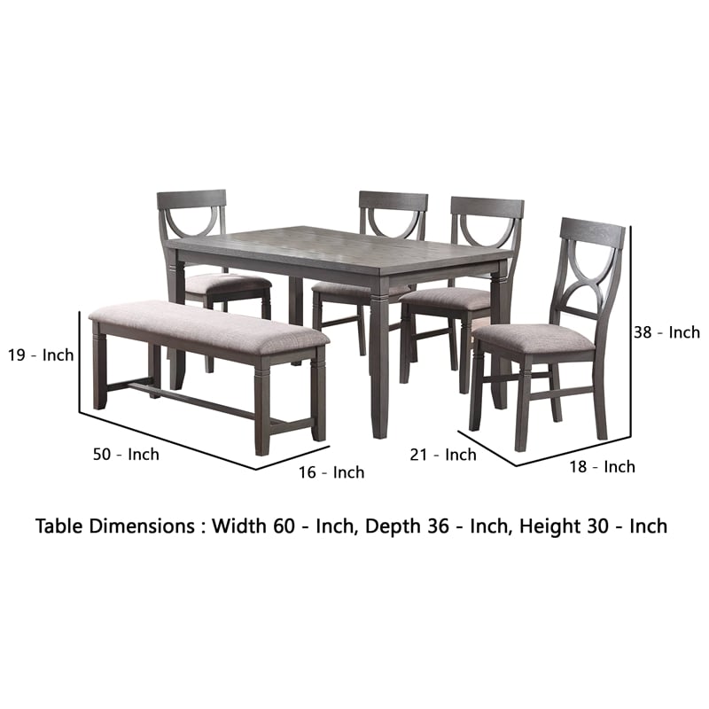 Benjara 6 Piece Wooden Dining Set with Cut Out Back Chairs & Padded Bench- Gray