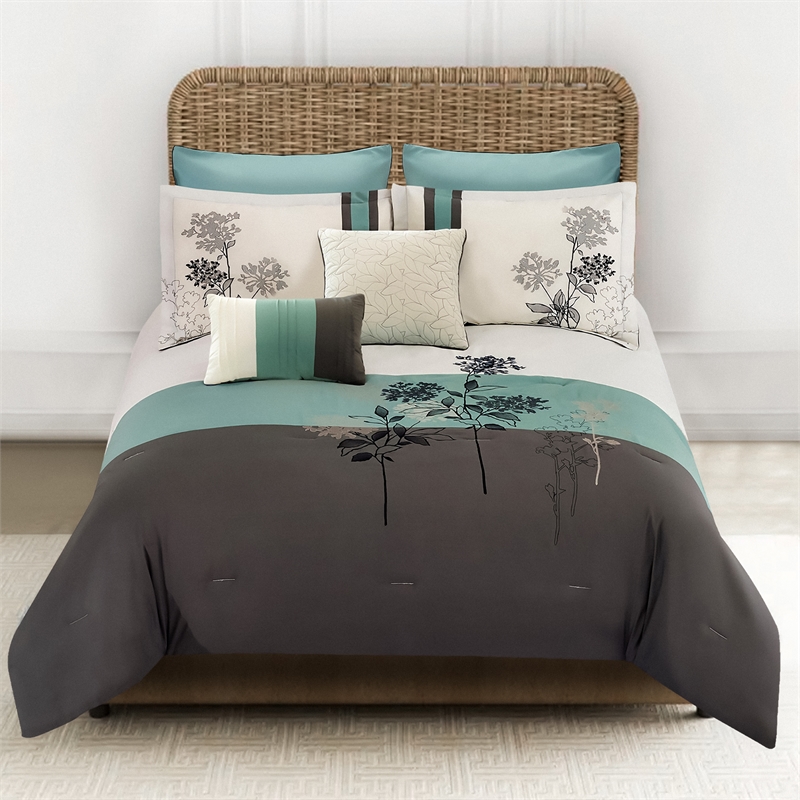Benjara 8 Piece King Polyester Comforter Set with Floral Embroidery- Multicolor