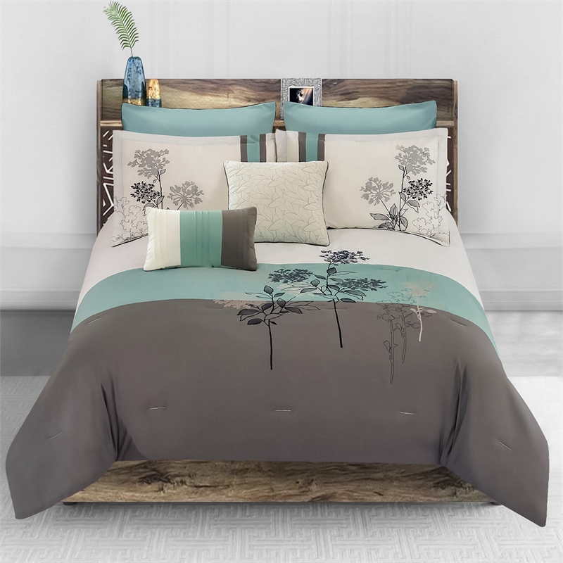 Benjara 8 Piece King Polyester Comforter Set with Floral Embroidery- Multicolor