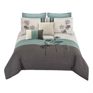 Benjara 8 Piece Queen Polyester Comforter Set with Floral Embroidery- Multicolor