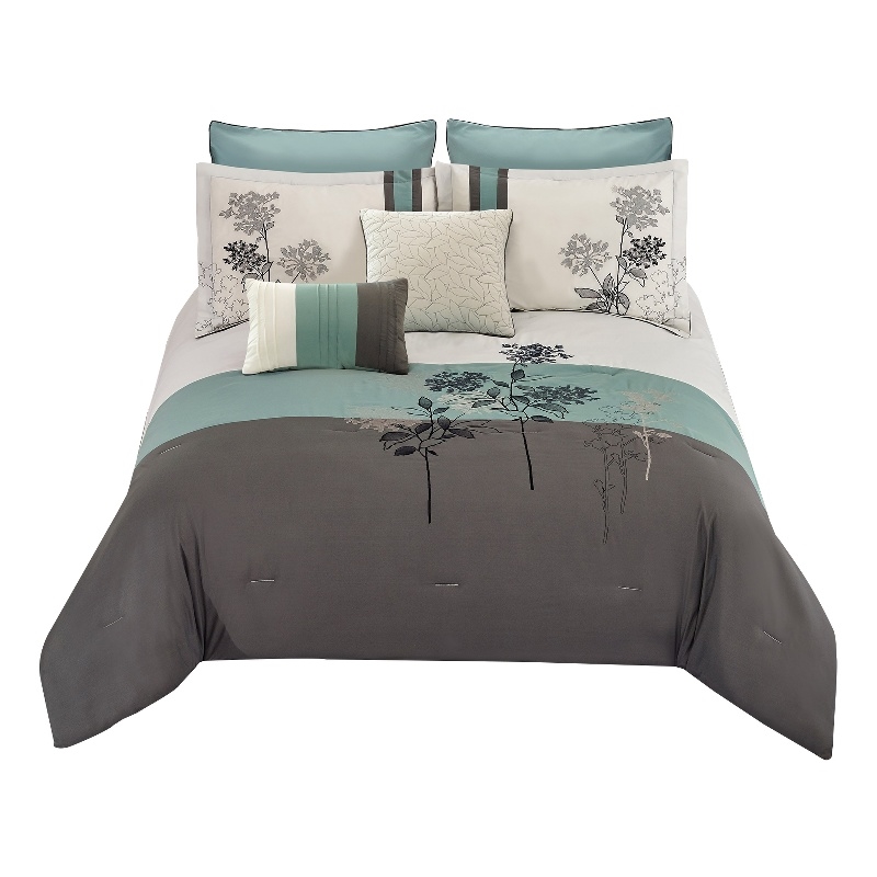 Benjara 8 Piece Queen Polyester Comforter Set with Floral Embroidery- Multicolor