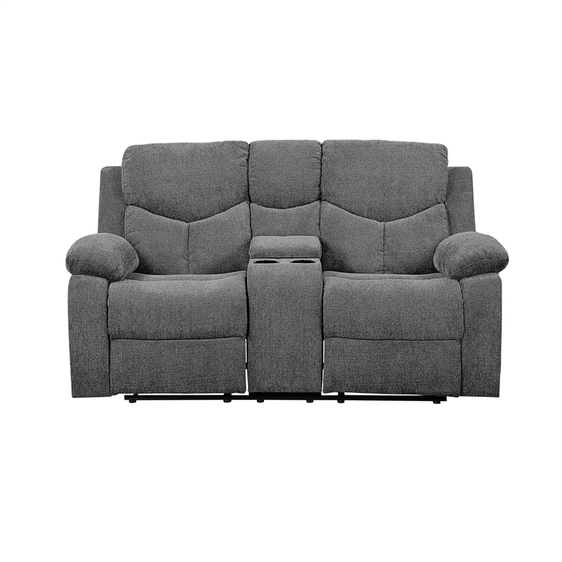 Benjara Fabric Upholstered Recliner Loveseat with Console and Cup Holders- Gray