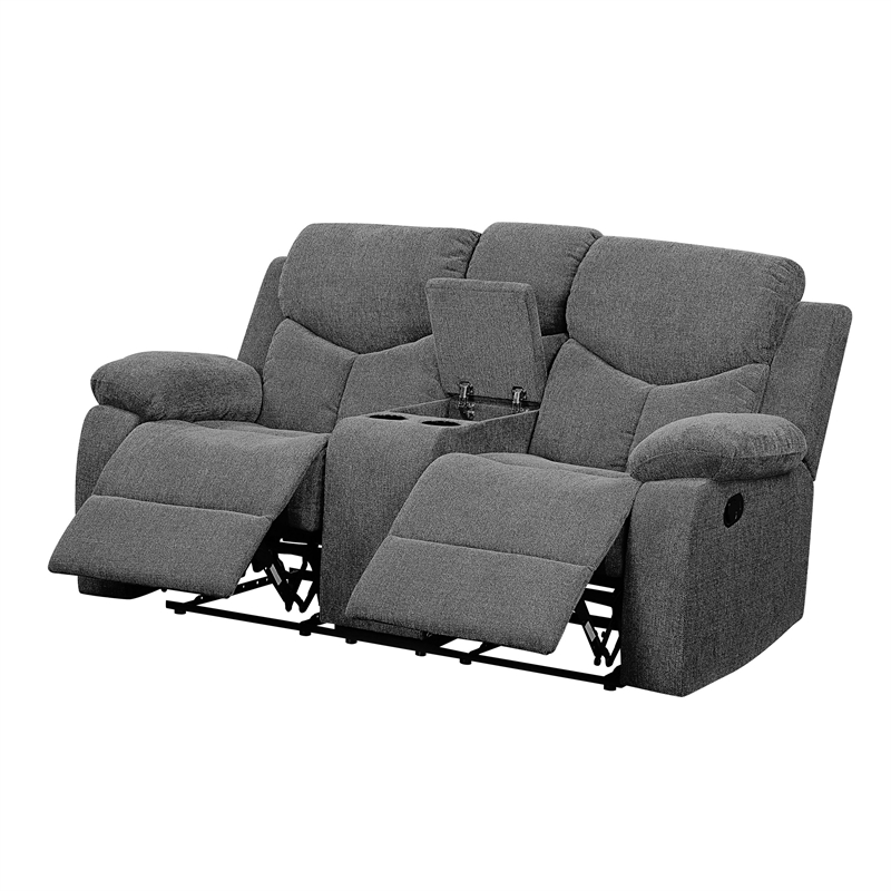 Benjara Fabric Upholstered Recliner Loveseat with Console and Cup Holders- Gray