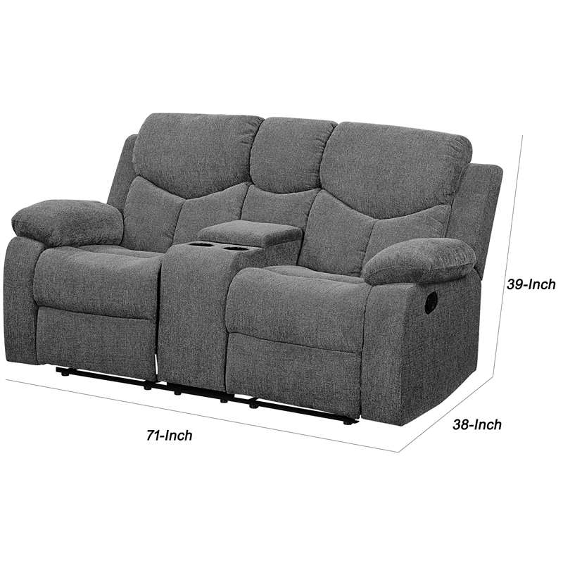 Benjara Fabric Upholstered Recliner Loveseat with Console and Cup Holders- Gray