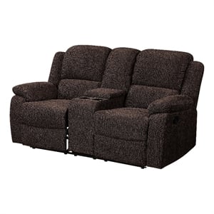 Benjara Fabric Upholstered Recliner Loveseat with Console and Cup Holders- Brown