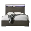 Benjara Wooden Eastern King Bed with LED Storage Shelf- Gray