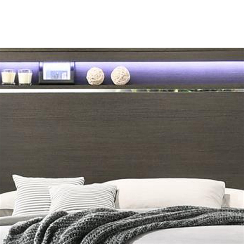 Benjara Wooden Eastern King Bed with LED Storage Shelf- Gray