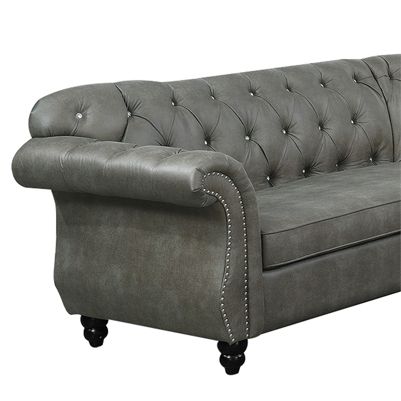Benjara Leatherette 4 PC Sectional with Crystal Tufted Back & Rolled Arm- Gray