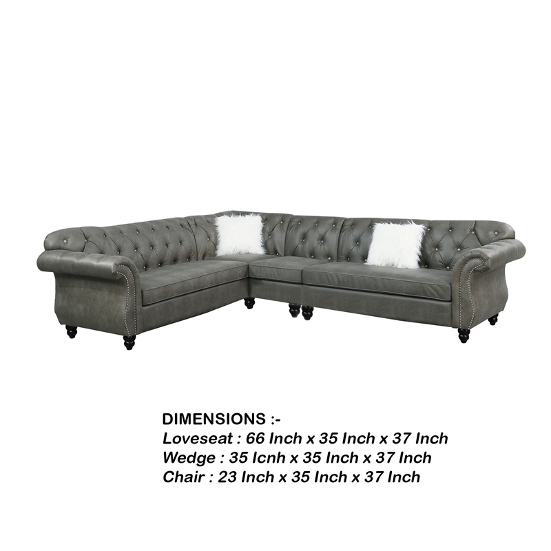 Benjara Leatherette 4 PC Sectional with Crystal Tufted Back & Rolled Arm- Gray