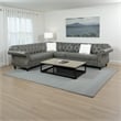 Benjara Leatherette 4 PC Sectional with Crystal Tufted Back & Rolled Arm- Gray