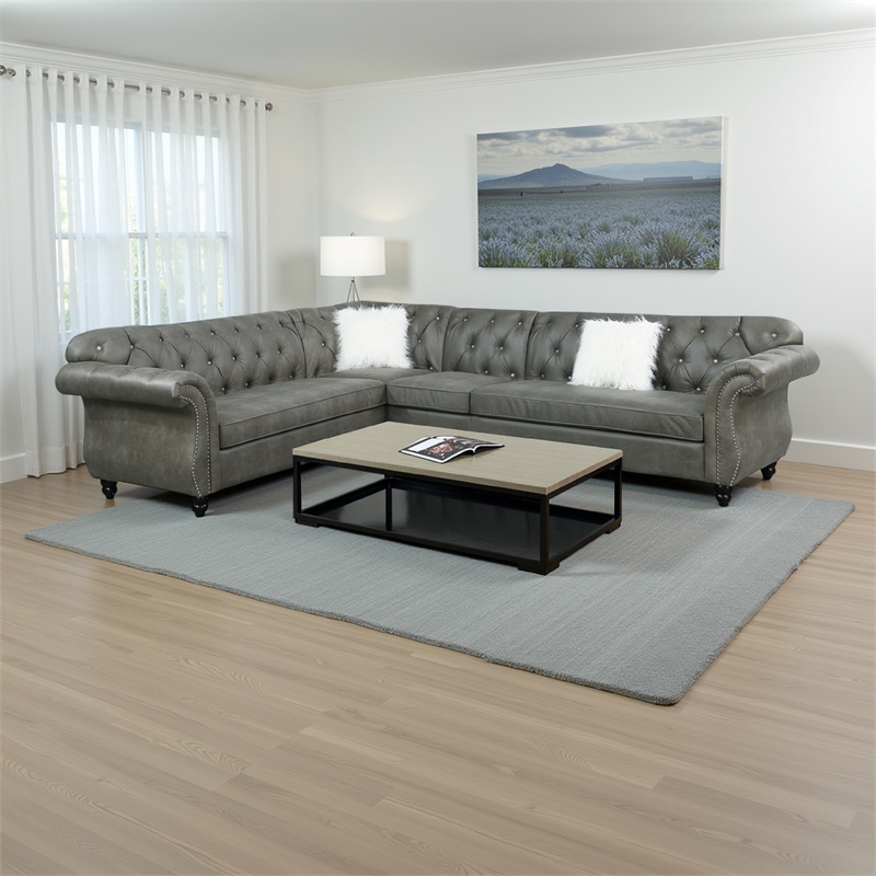 Benjara Leatherette 4 PC Sectional with Crystal Tufted Back & Rolled Arm- Gray