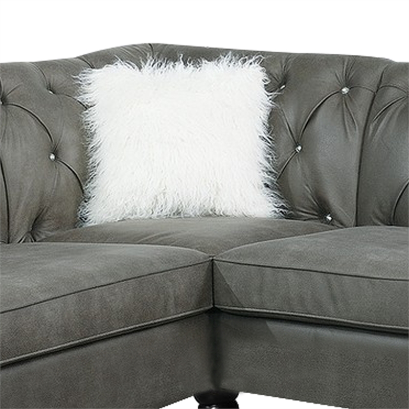 Benjara Leatherette 4 PC Sectional with Crystal Tufted Back & Rolled Arm- Gray