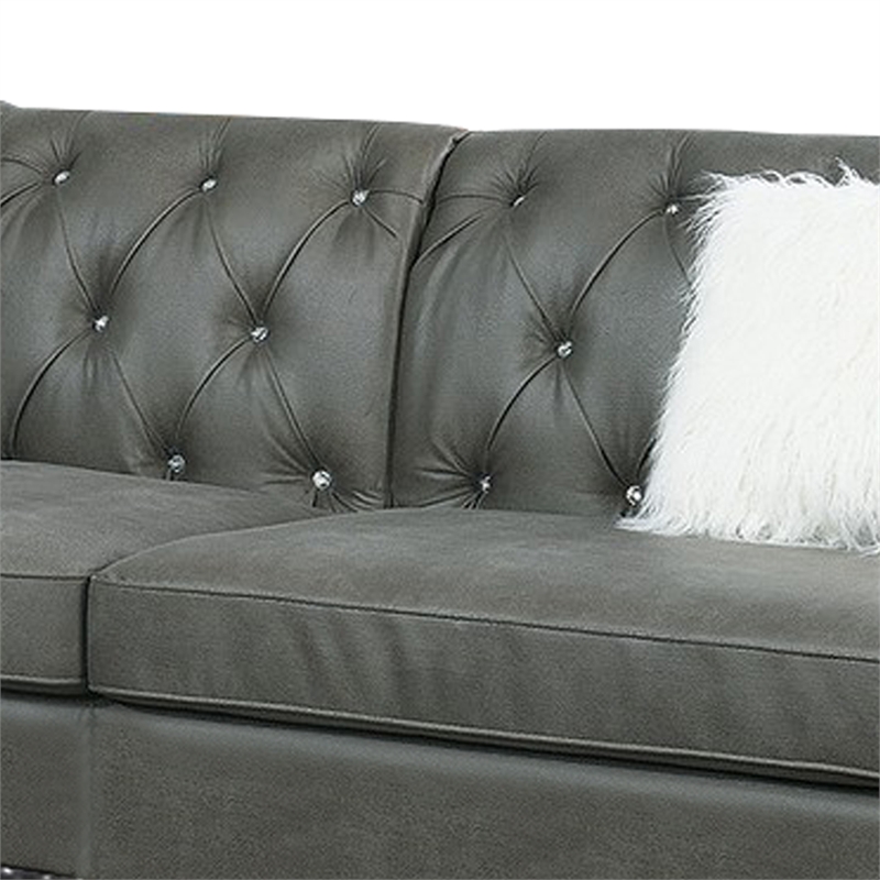 Benjara Leatherette 4 PC Sectional with Crystal Tufted Back & Rolled Arm- Gray