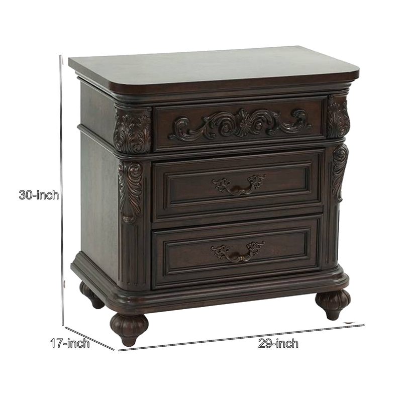Benjara 30 Inches 3 Drawer Engraved Wooden Nightstand- Brown