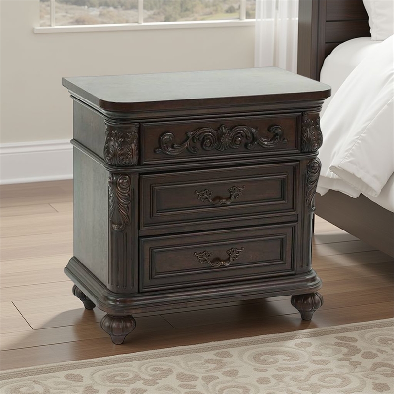 Benjara 30 Inches 3 Drawer Engraved Wooden Nightstand- Brown