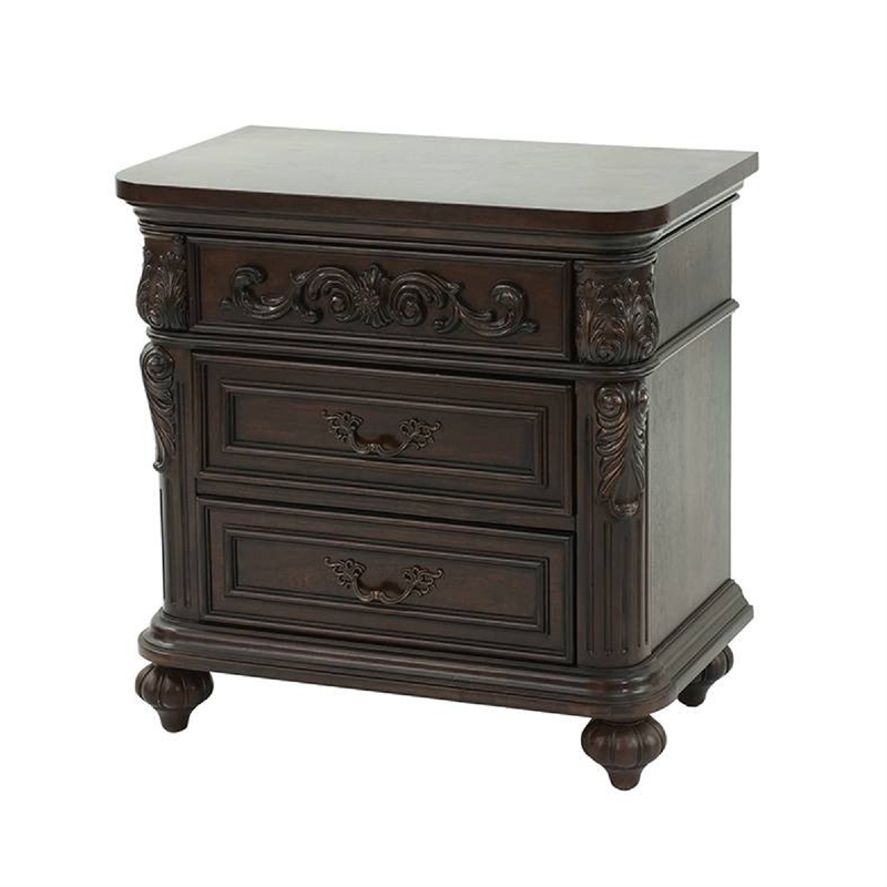 Benjara 30 Inches 3 Drawer Engraved Wooden Nightstand- Brown