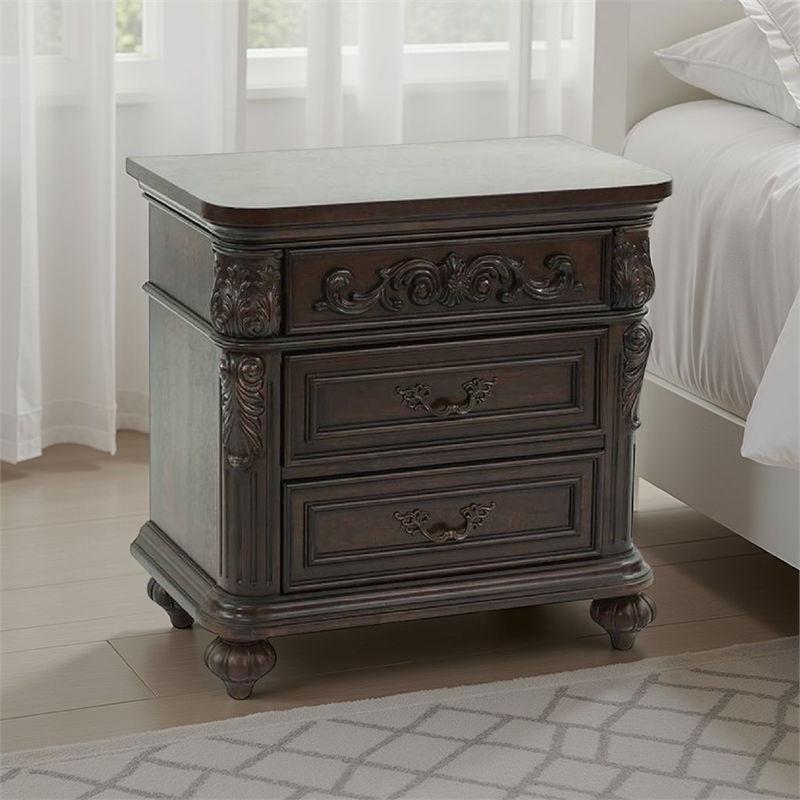 Benjara 30 Inches 3 Drawer Engraved Wooden Nightstand- Brown