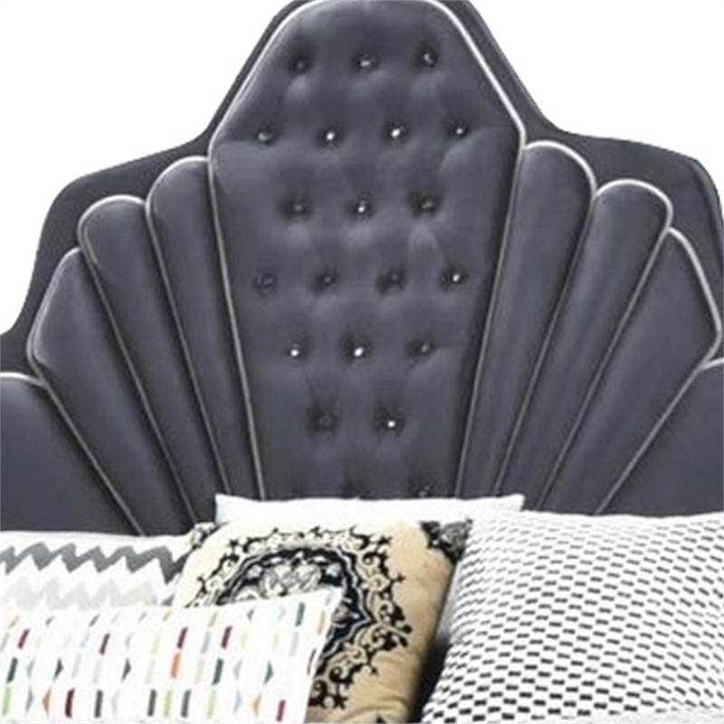 Benjara Velvet Upholstered Channel Tufted Queen Bed- Gray