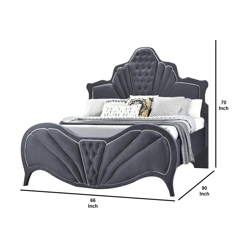 Benjara Velvet Upholstered Channel Tufted Queen Bed- Gray