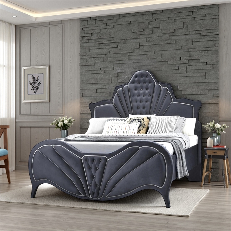 Benjara Velvet Upholstered Channel Tufted Queen Bed- Gray