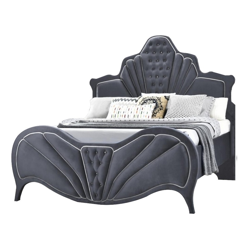 Benjara Velvet Upholstered Channel Tufted Queen Bed- Gray